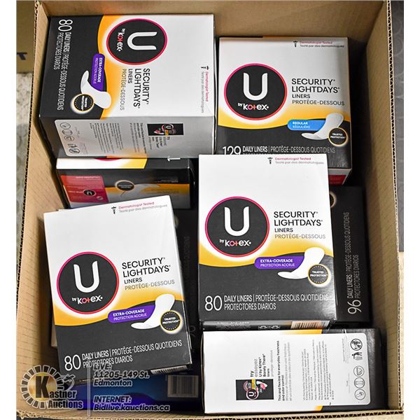 BOX LOT OF FEMININE HYGIENE PRODUCTS