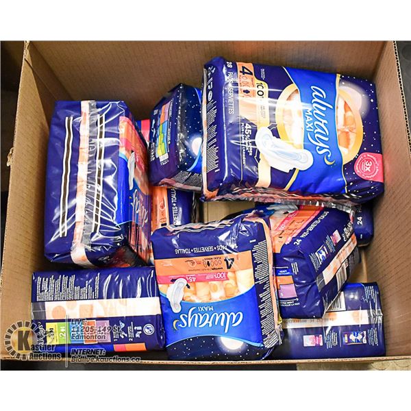 BOX LOT OF FEMININE HYGIENE PRODUCTS