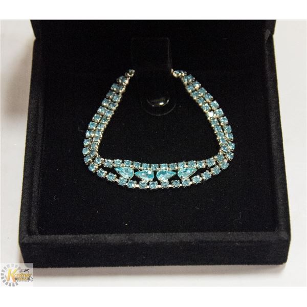 BLUE RHINESTONE, SILVER TONED BRACELET