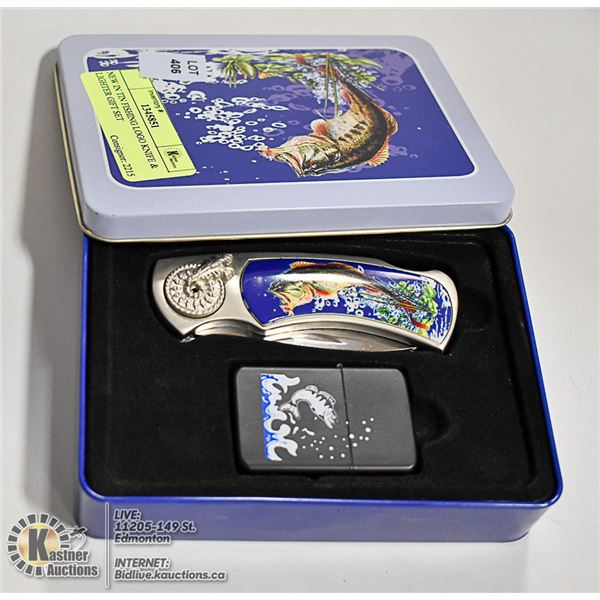 NEW IN TIN FISHING LOGO KNIFE & LIGHTER GIFT SET