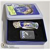 Image 1 : NEW IN TIN FISHING LOGO KNIFE & LIGHTER GIFT SET