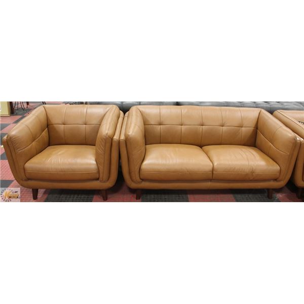 GENUINE LEATHER DOWN FILLED LOVESEAT W/ CHAIR