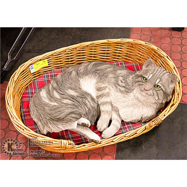 LIFE SIZE CAT STATUE IN WICKER BED - SUNFADED