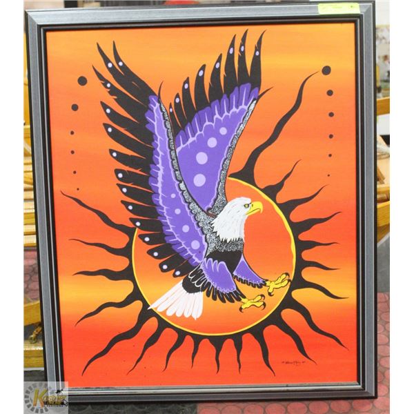 FRAMED OIL ON CANVAS EAGLE AND SUN PAINTING