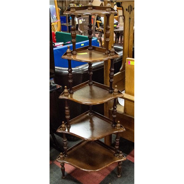 VINTAGE WOOD 5 TIER CORNER SHELF, 55" TALL