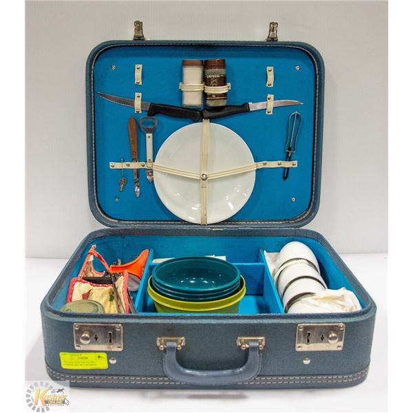 VINTAGE SUITCASE PICNIC / CAMPING SET W/ CONTENTS