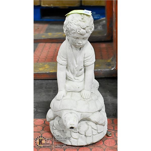 CONCRETE BOY ON TURTLE STATUE, 15" LONG