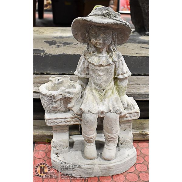 CONCRETE GIRL ON BENCH STATUE ,  17" TALL