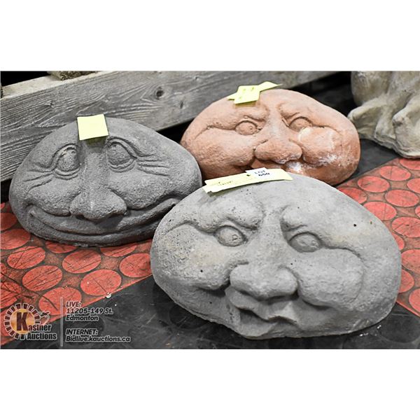LOT OF 3 CONCRETE FACE STATUES ,  3" TALL