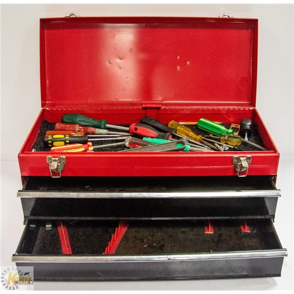 RED METAL 2 DRAWER TOOL BOX  WITH TOOLS