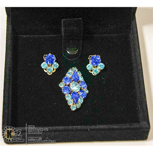 RHINESTONE CLIP EARRINGS AND BROOCH SET