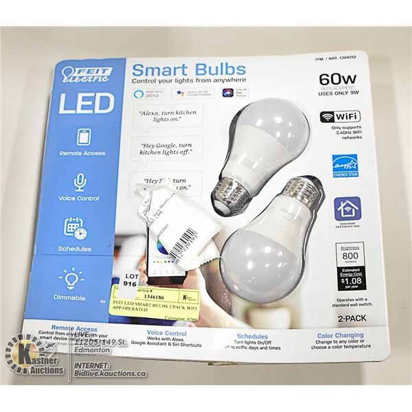 FEIT LED SMART BULBS 2 PACK WIFI APP OPERATED