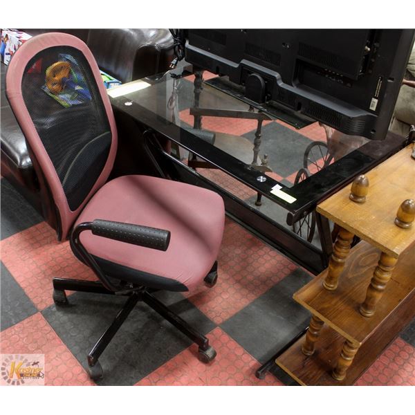 GLASS & METAL DESK WITH OFFICE ARM CHAIR