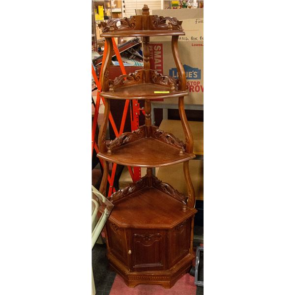 WOOD CARVED CORNER SHELF 4 TIER WITH BOTTOM