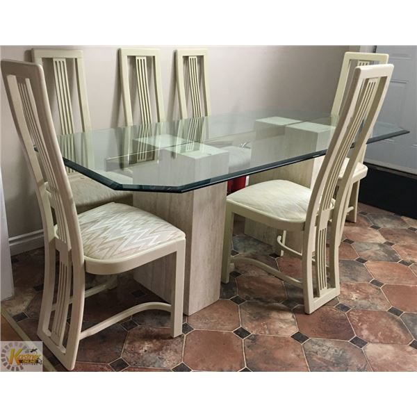 GLASS DINING ROOM TABLE AND 6 CHAIRS