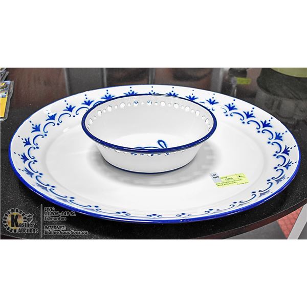 BLUE AND WHITE IKEA ENAMEL TRAY & PIERCED BOWL -