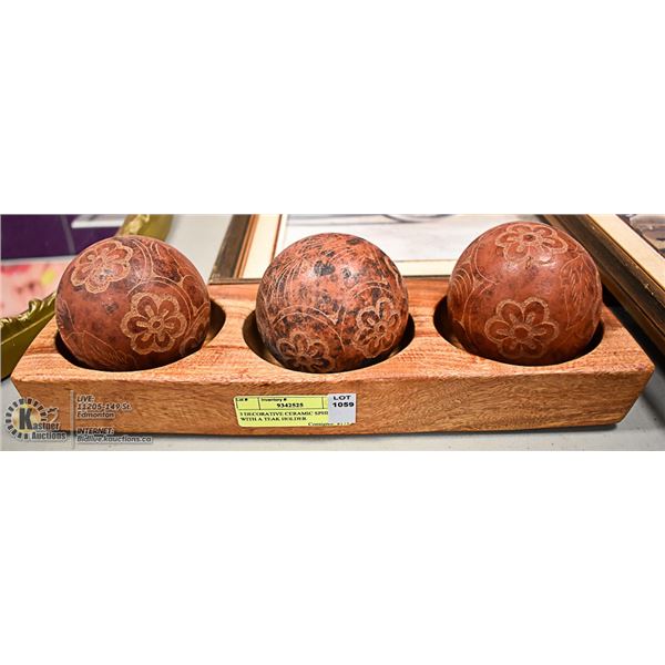 3 DECORATIVE CERAMIC SPHERES WITH A TEAK HOLDER