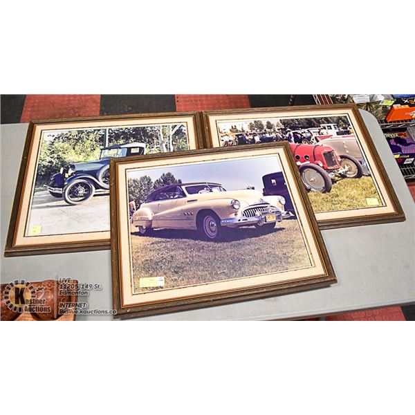 3 CLASSIC CAR FRAMED PHOTOS APPROX 24" x 20"