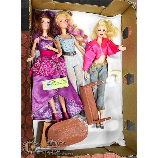 3 BARBIE DOLLS WITH SOME WOOD FURNITURE