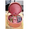 Image 1 : PINK JEWELLERY BOX WITH CONTENTS INCL VINT SILVER