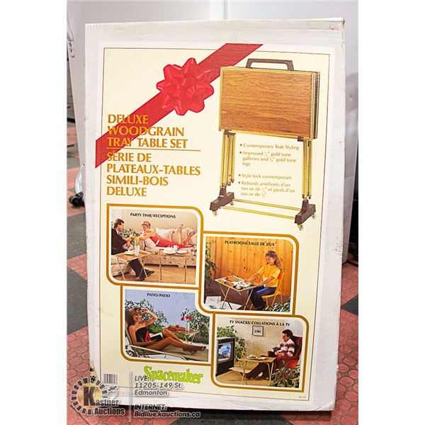 NEW DELUXE WOOD GRAIN TRAY TABLE SET, HAS 4 TABLES