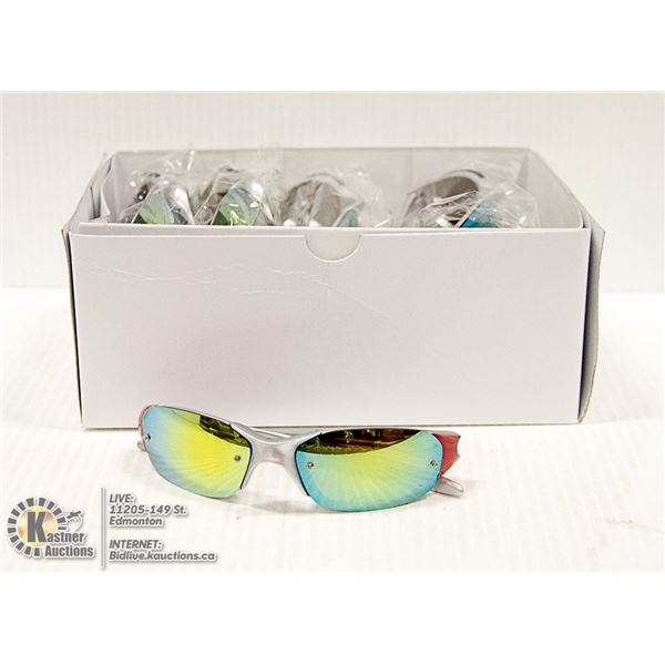 BOX OF RED & SILVER OAKLEY STYLE SUNGLASSES