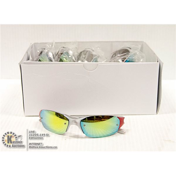 BOX OF RED & SILVER OAKLEY STYLE SUNGLASSES