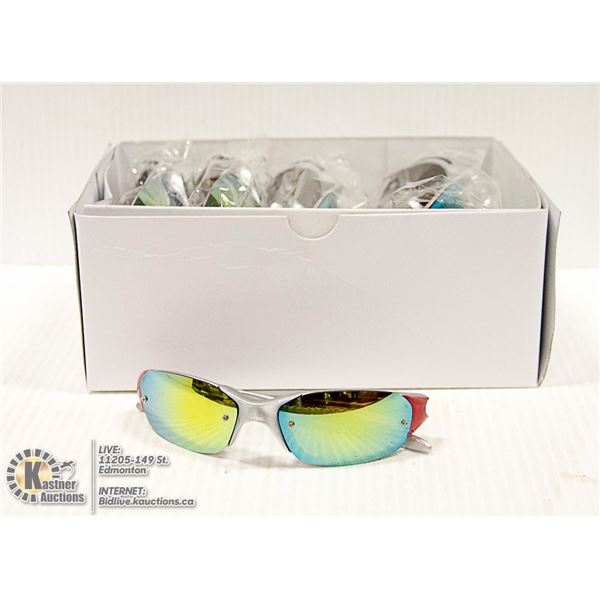 BOX OF RED & SILVER OAKLEY STYLE SUNGLASSES