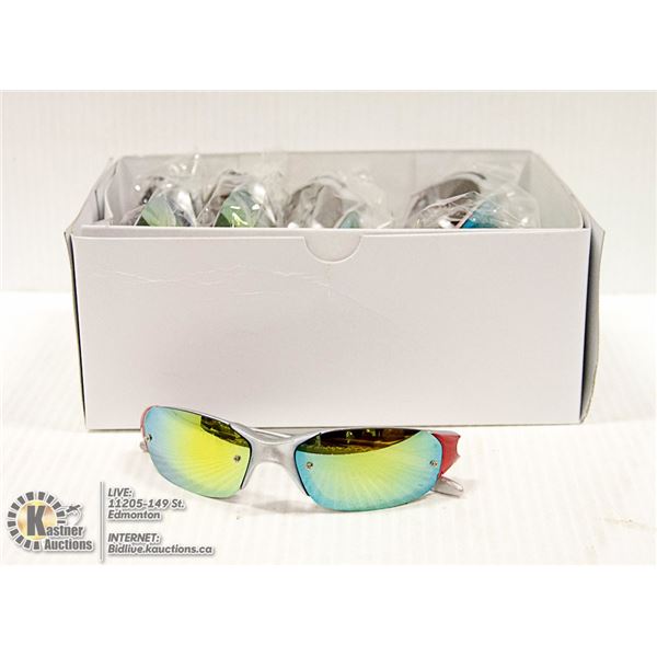 BOX OF RED & SILVER OAKLEY STYLE SUNGLASSES