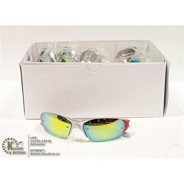 BOX OF RED & SILVER OAKLEY STYLE SUNGLASSES