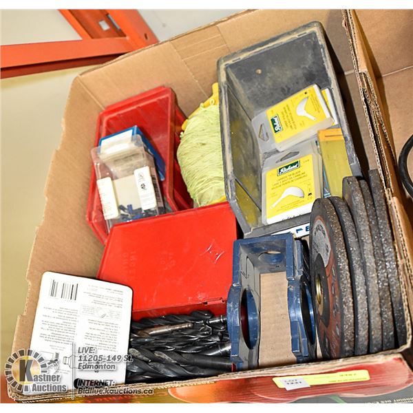 BOX OF ASSORTED TOOLS, INCLUDING DRILL BITS &