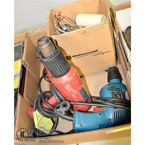 BOX WITH ASSORTED TOOLS, INCLUDING MILWAUKEE