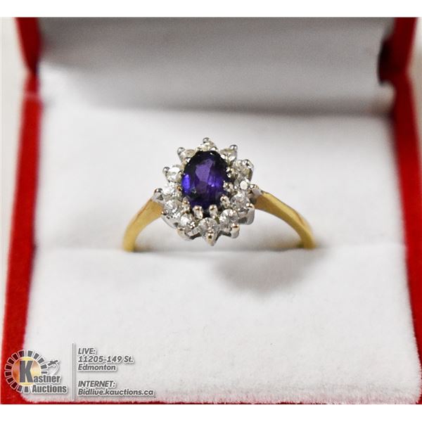 10KT GOLD SAPPHIRE & DIAMOND CLUSTER RING, SZ 8