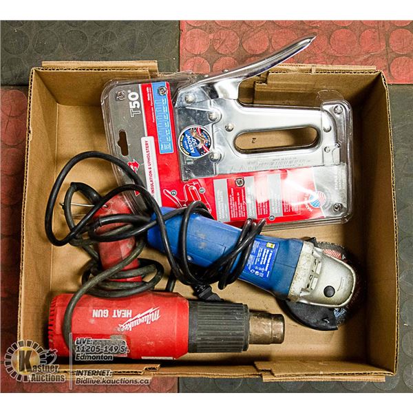 BOX WITH NEW STAPLER, ANGLE GRINDER & MILWAUKEE