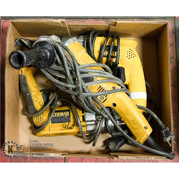 BOX WITH 2 DEWALT DRILLS & ANGLE GRINDER
