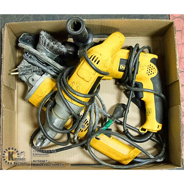 BOX WITH DEWALT ANGLE GRINDER, DRILL & SWIVEL HEAD