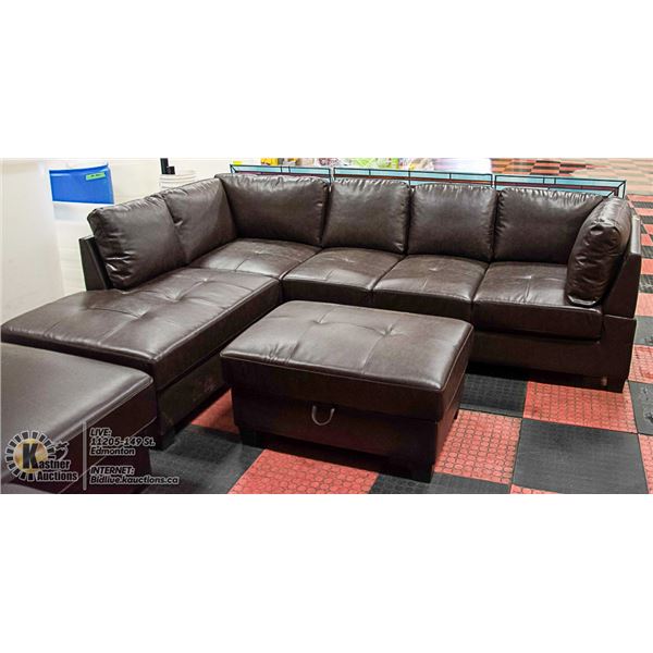 BROWN LEATHERETTE L-SHAPED SECTIONAL WITH OTTOMAN