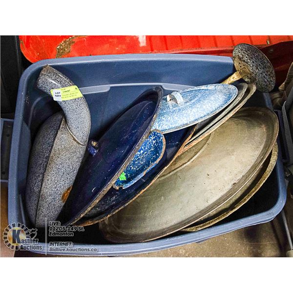 6 PIECES OF ENAMELWARE AND TWO DOUBLE BOILER METAL