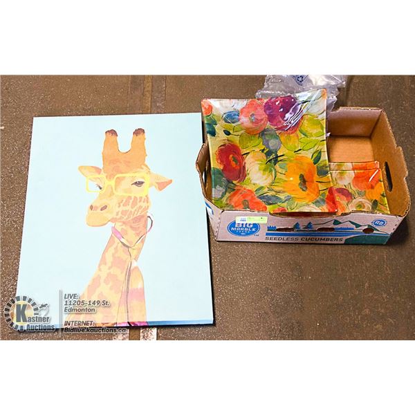 3 GLASS FLOWERED TRAYS & PRINT