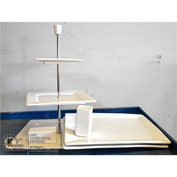 3 TIER TRAY AND 2 LARGE SERVING DISHES AND S & P