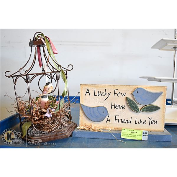 HANGING BIRD CAGE AND WOOD FRIENDSHIP PICTURE