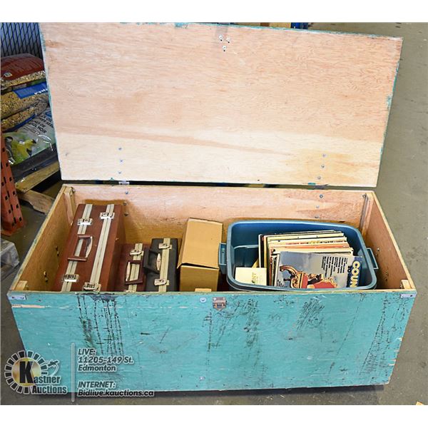 WOOD TRUNK WITH ASSORTED RECORDS & MEDIA