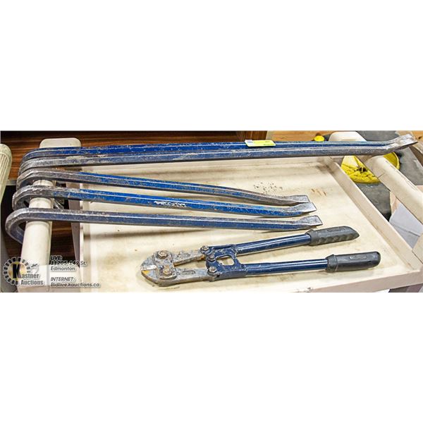 LOT OF 5 PRY BARS SOLD WITH 18" BOLT CUTTERS