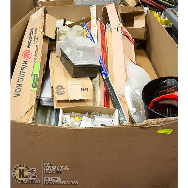 PALLET WITH PLASTIC HOSE, DOOR HARDWARE & MORE