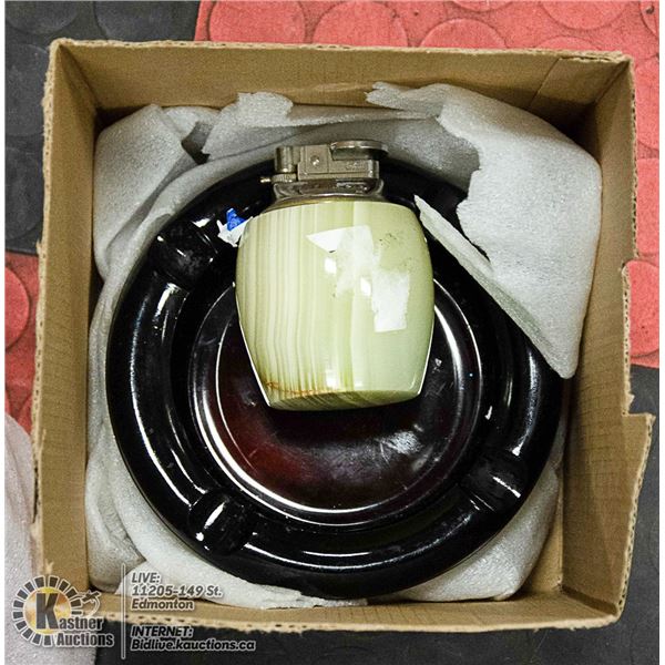 LOT OF 2 VINTAGE HEAVY GLASS ASHTRAYS 6" + LIGHTER