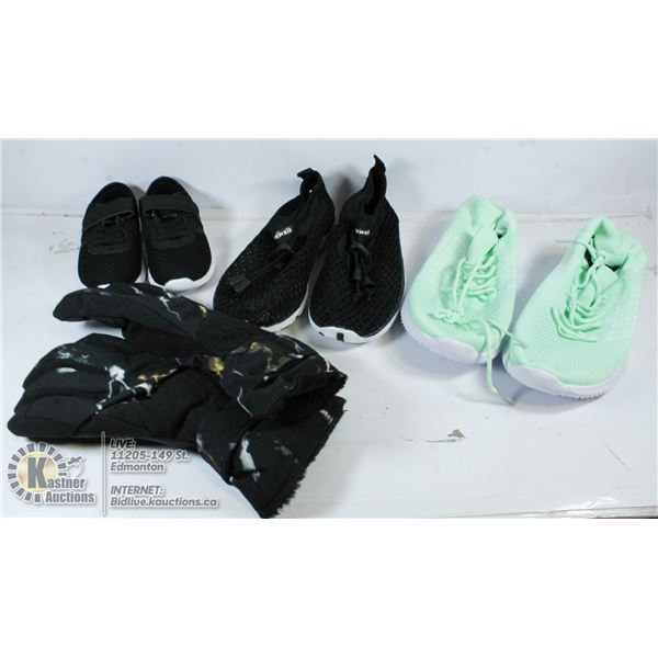 FLAT OF ASSORTED SIZED SHOES AND 1 PAIR OF GLOVES