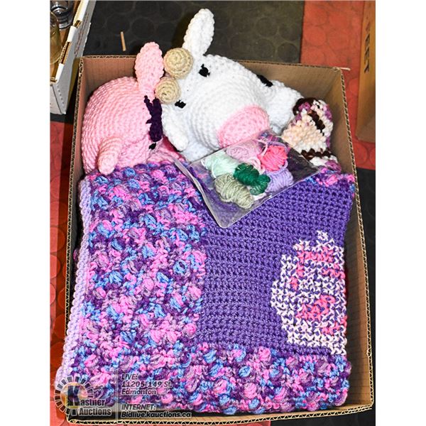 KNIT/CROCHET ITEMS- BOX LOT OF NEW ASSORTED ITEMS