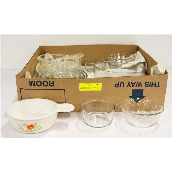 PYREX & CORNING- BOX LOT OF 18 ASSORTED PIECES