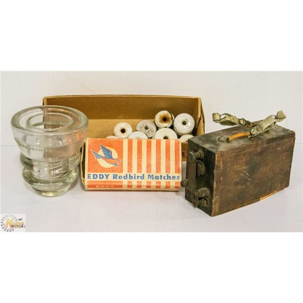VINTAGE GENERATOR, MATCHBOX, 10 INSULATORS