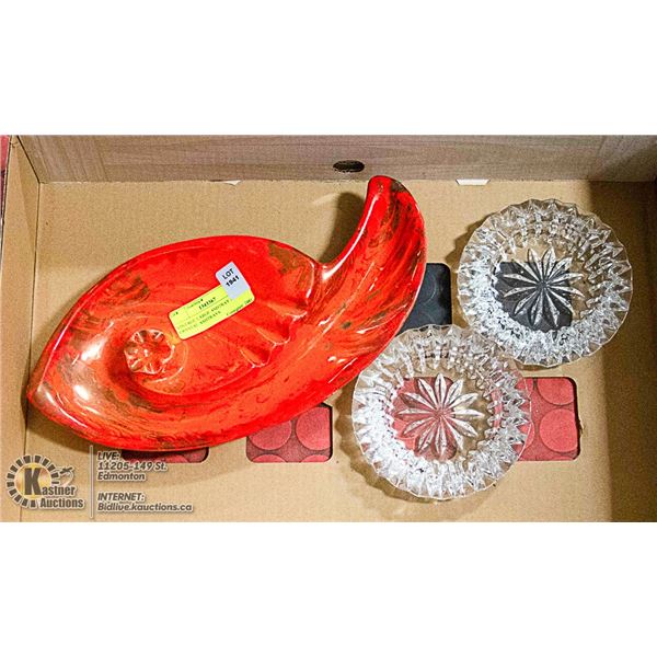 VINTAGE LARGE ASHTRAY AND 2 CRYSTAL ASHTRAYS